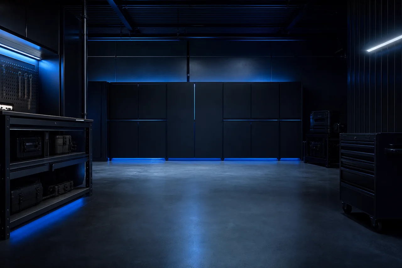 A dark operations room with modular screens, powder-coated steel, and electric blue edge light.
