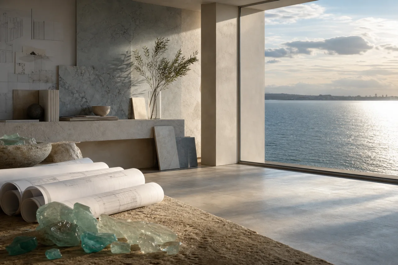 A coastal architecture studio with sea glass, blueprints, and late afternoon water light.