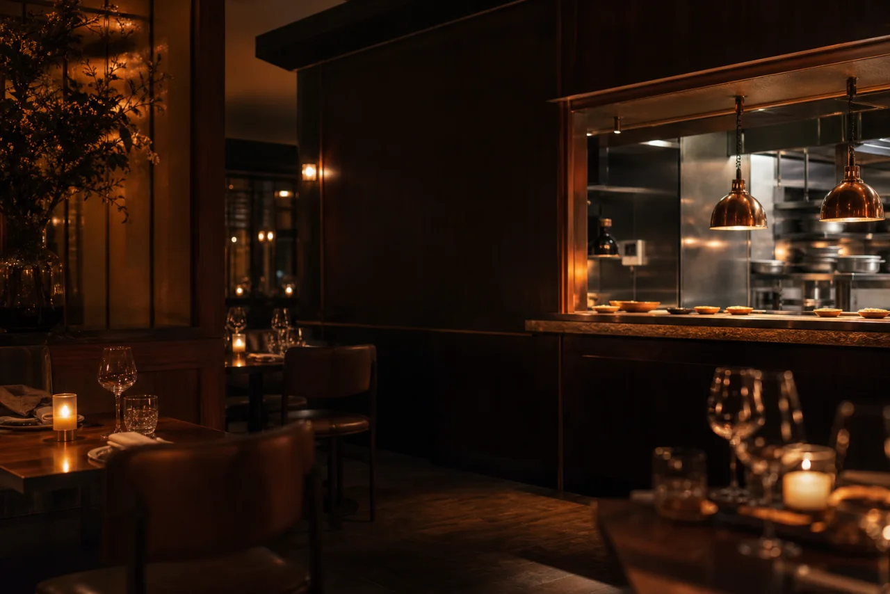 A candlelit dining room with copper, walnut, and soft amber reflections.