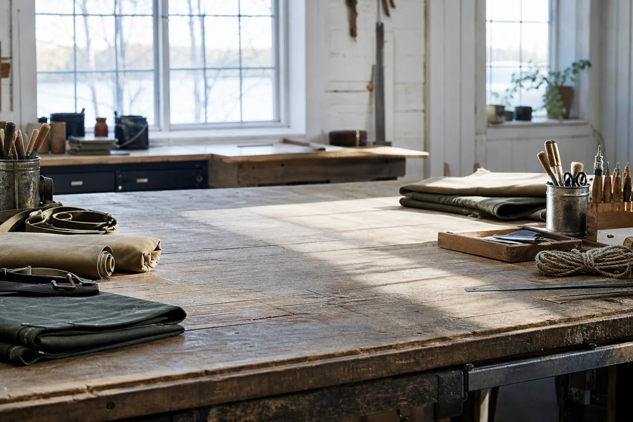 A bright workshop table with canvas, brushed steel, and crisp northern daylight.