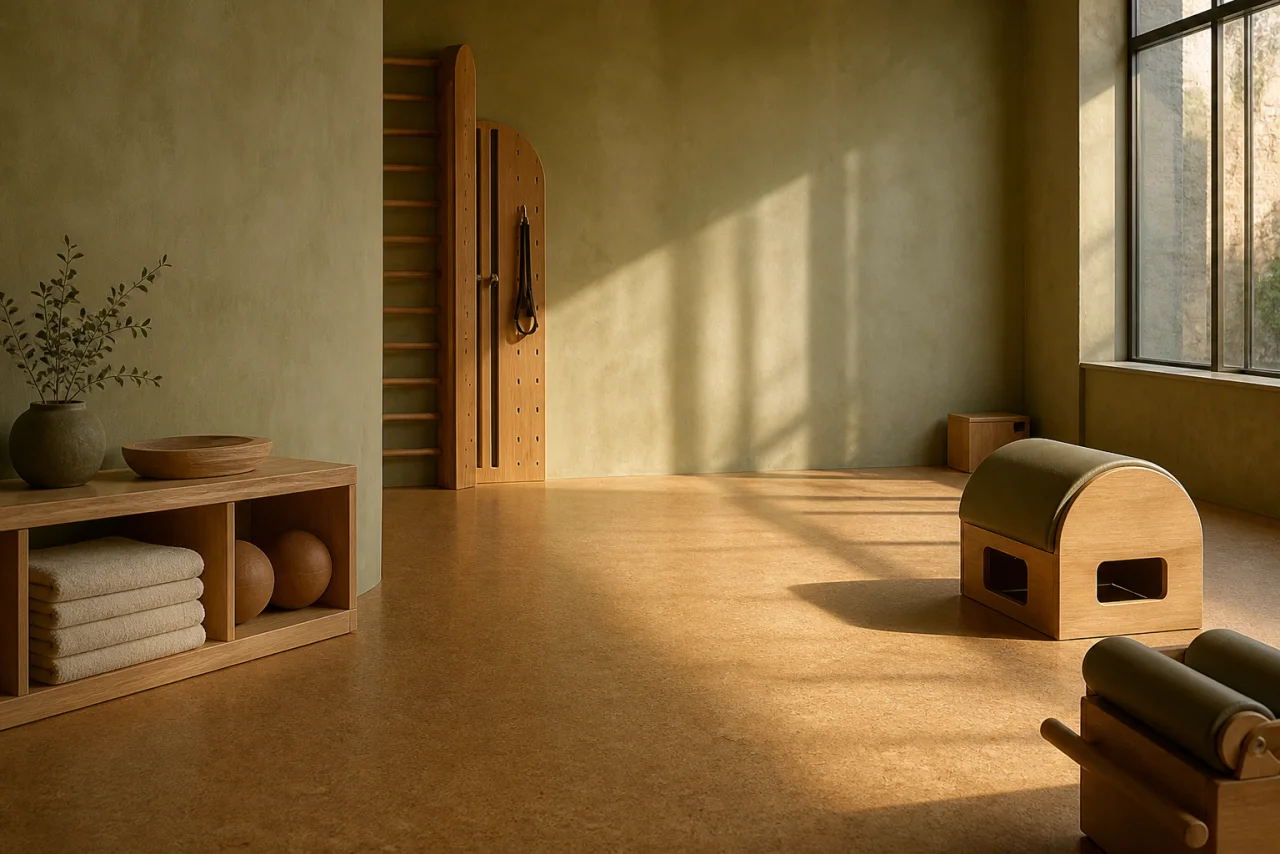 A tactile movement studio with limewash walls, cork, linen, and long golden morning shadows.