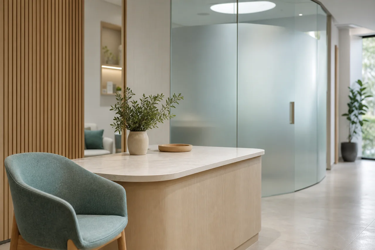 A serene modern clinic with pale oak, frosted glass, and soft plant shadows.