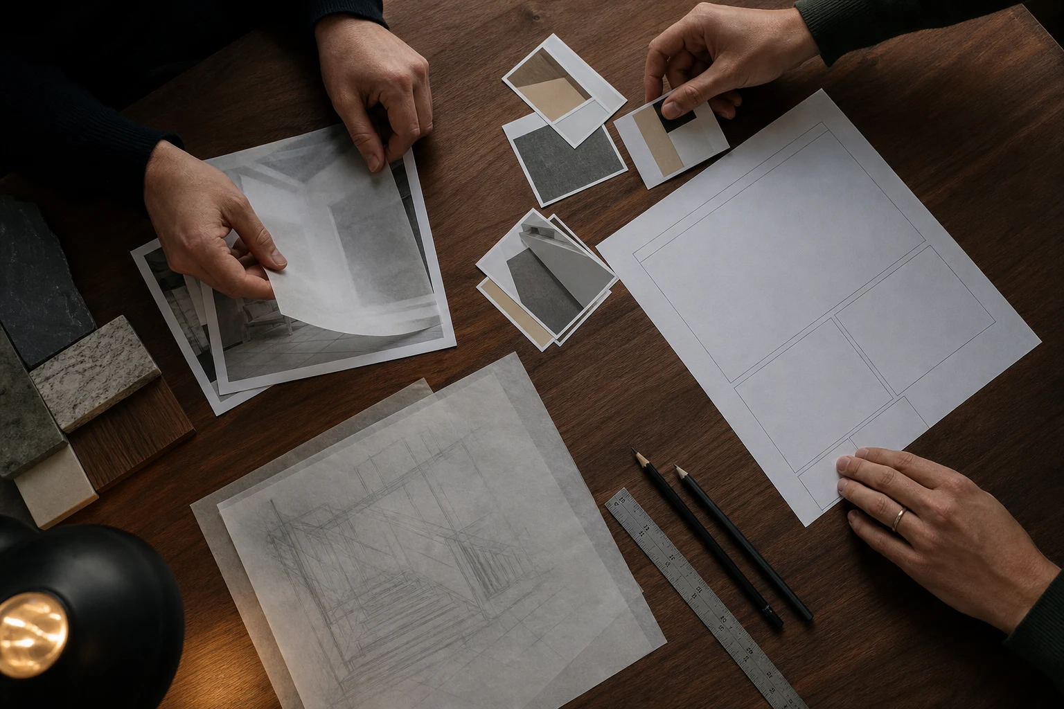 Hands arranging a printed project brief, research notes, and decision cards on a dark studio table