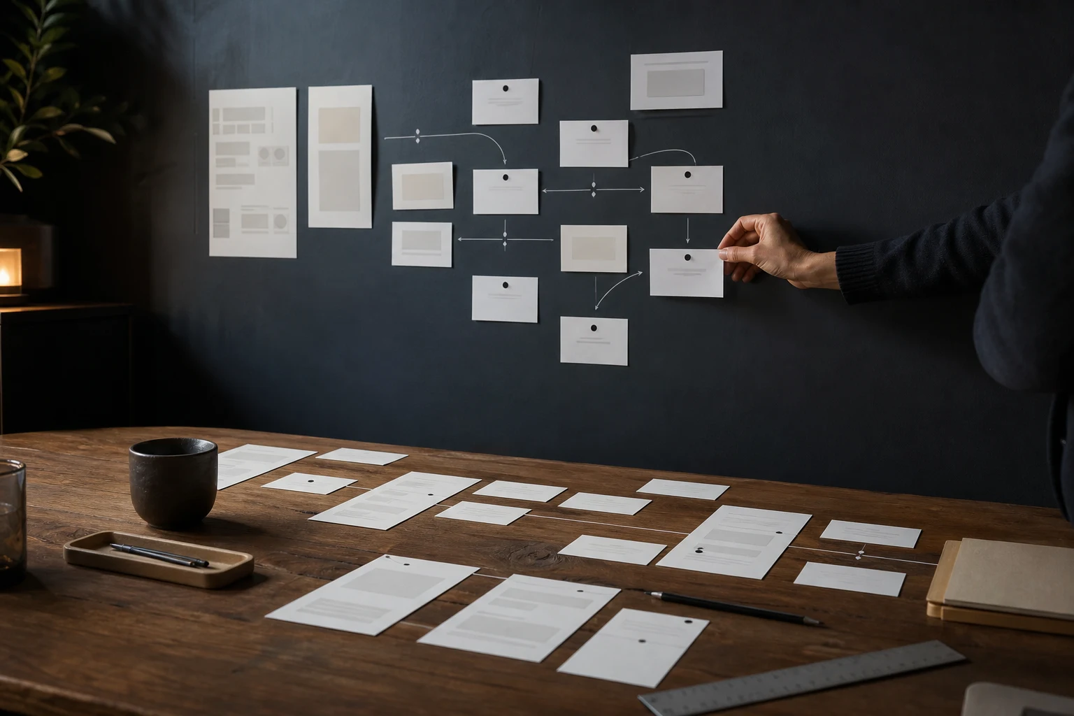 A wall of carefully arranged site architecture cards and annotated user journeys