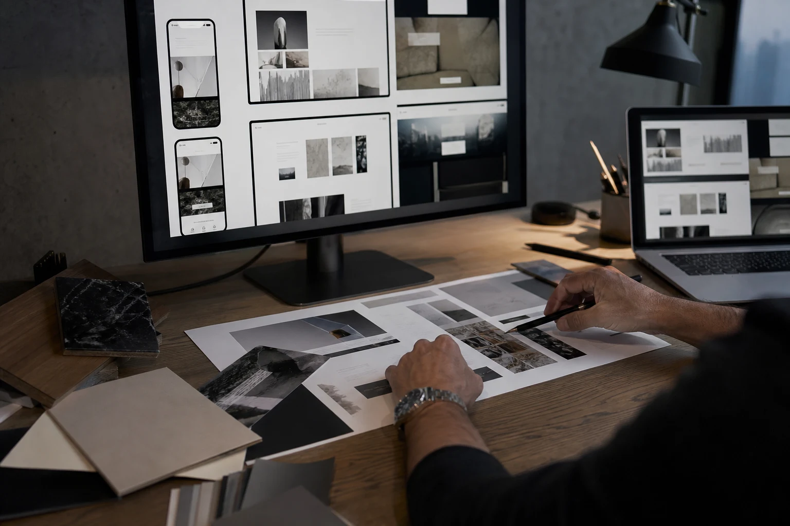 A designer reviewing high fidelity web layouts and material references on a large display