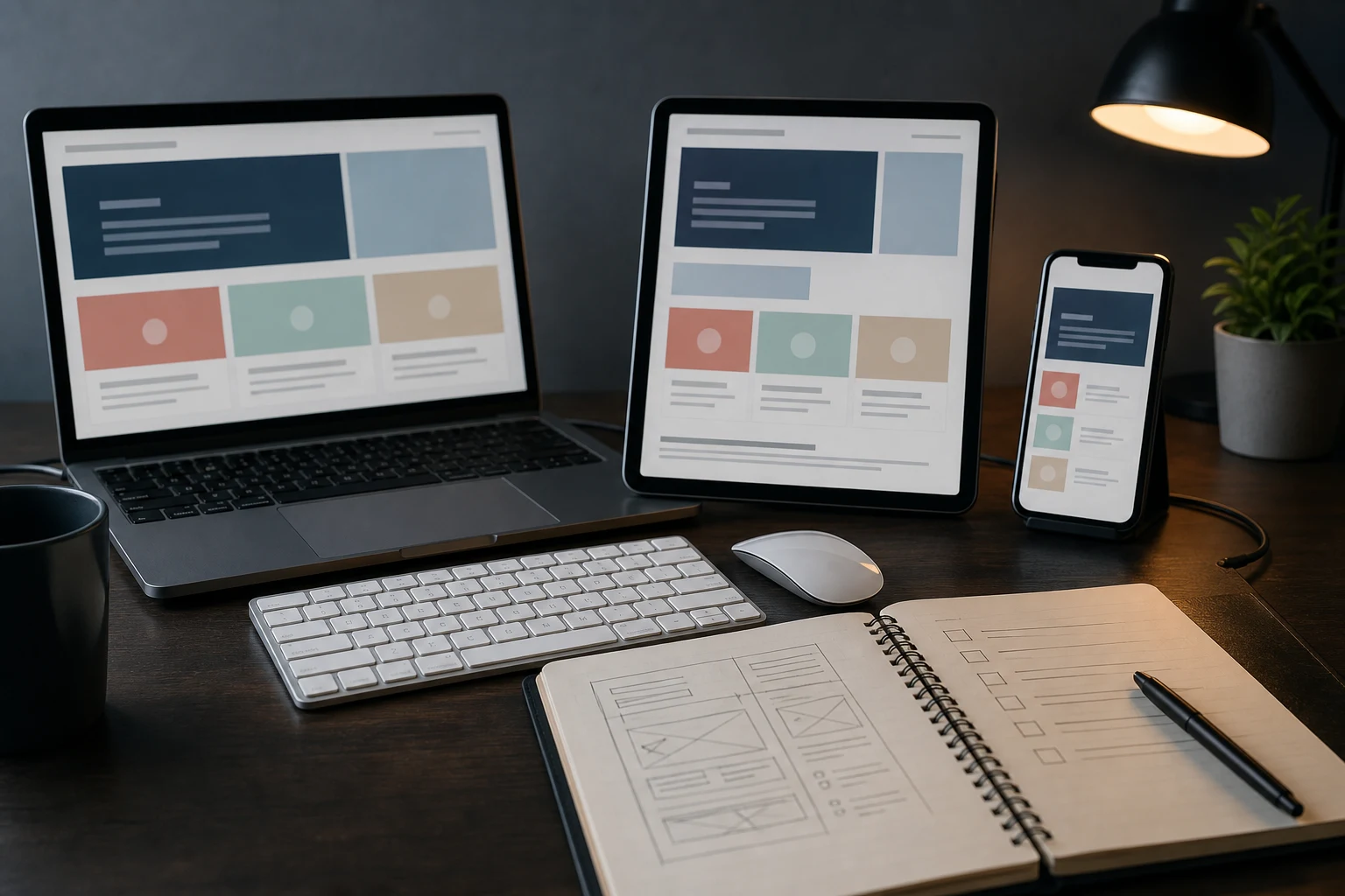 A coded website under review across laptop, tablet, and phone with a handwritten quality checklist