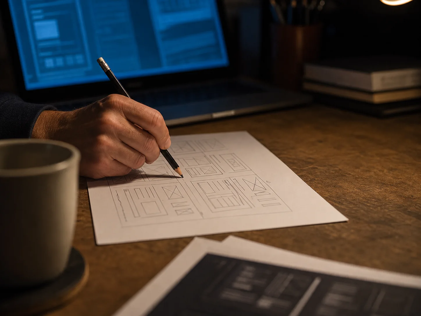 A hand annotating a printed page wireframe beside a softly glowing laptop