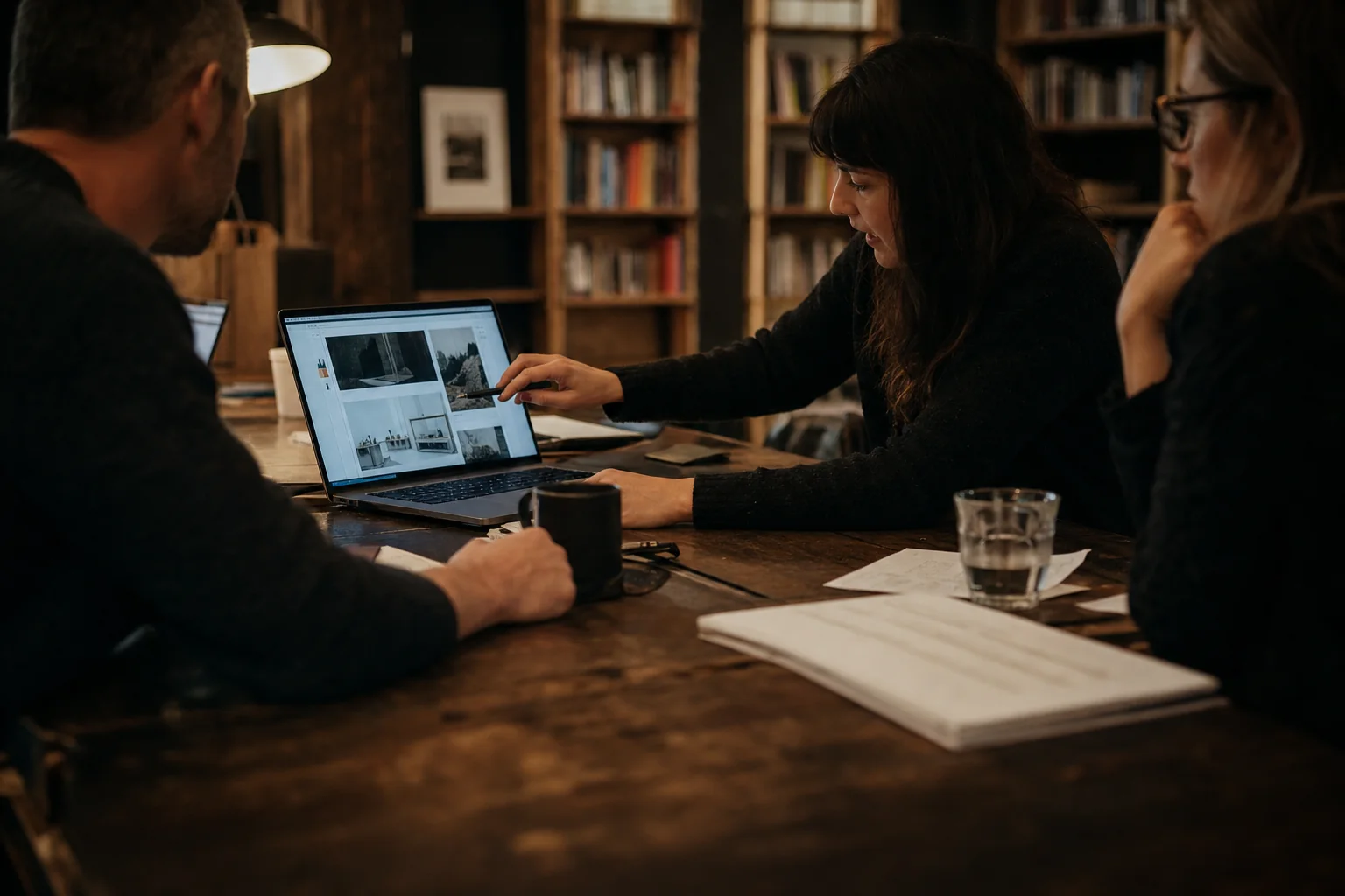 A small group in a working conversation around an in-progress website on a laptop