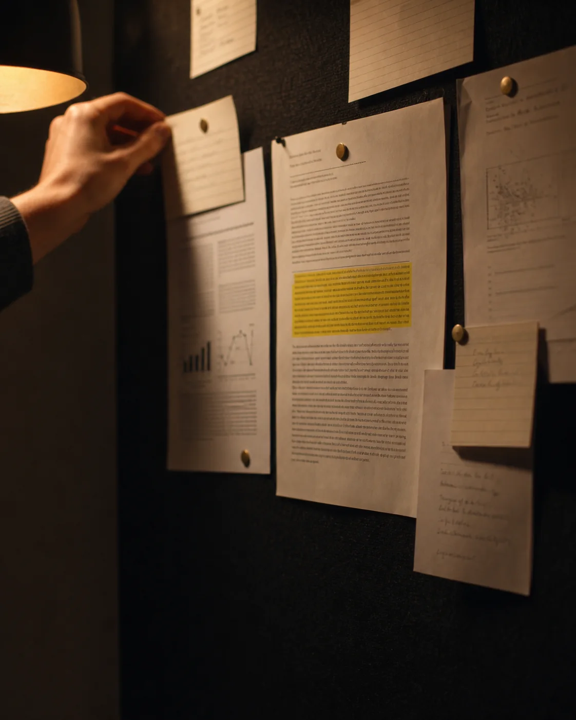 A hand adding one research card to a focused evidence board