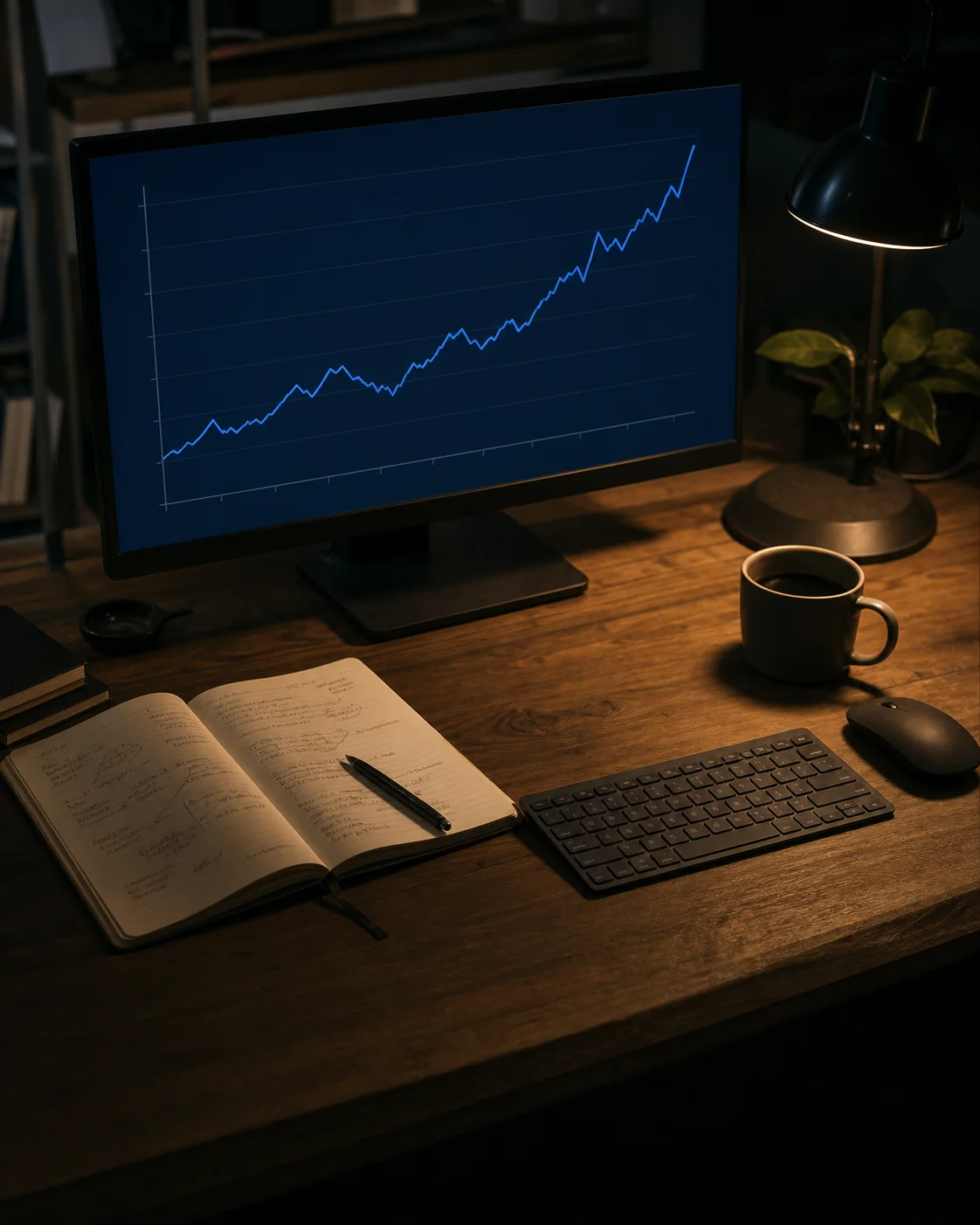 A post-launch measurement review with a trend line, notebook, and coffee