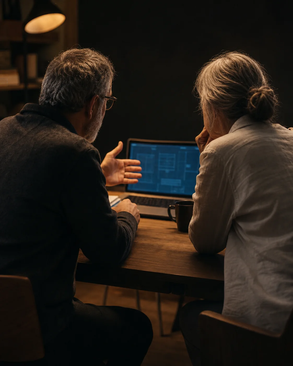 Two senior collaborators discussing an in-progress interface together at a dark studio table